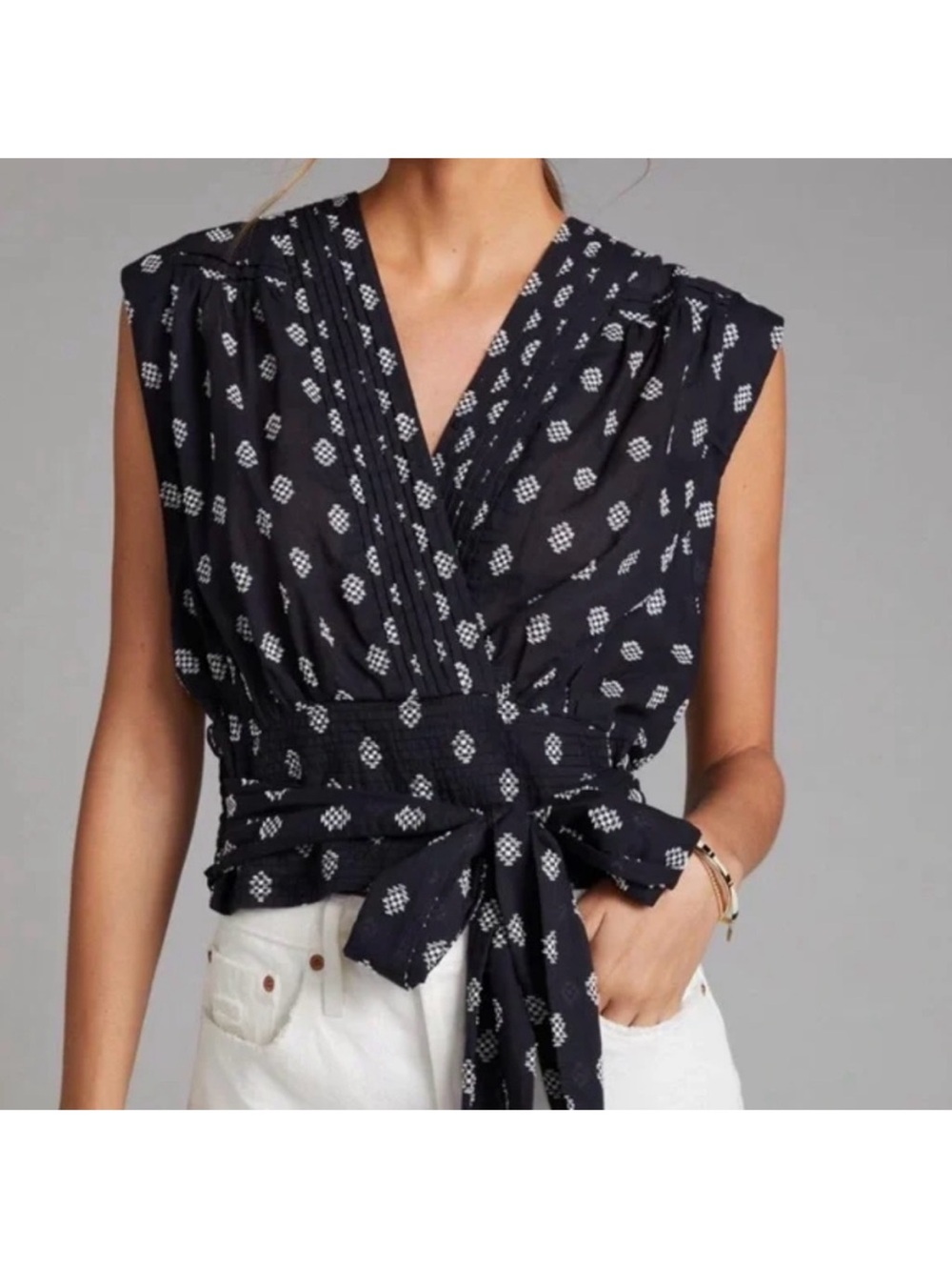 Anthropologie Black White Design Tie Top Bohemian Cottagecore Coquette